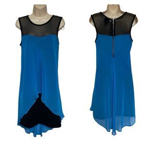 Nicole Miller Sheer Mesh Chiffon Overlay Exposed Back Zip Dress Black Blue Sz S